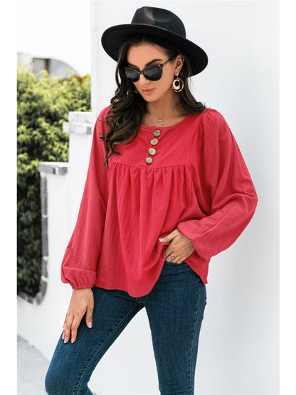 Button Up Balloon Sleeve Blouse Tops LoveAdora