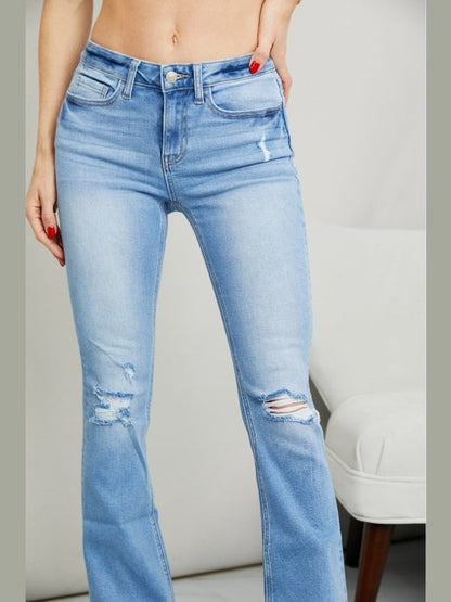 Zenana Distressed Flare Jeans Denim Jeans LoveAdora