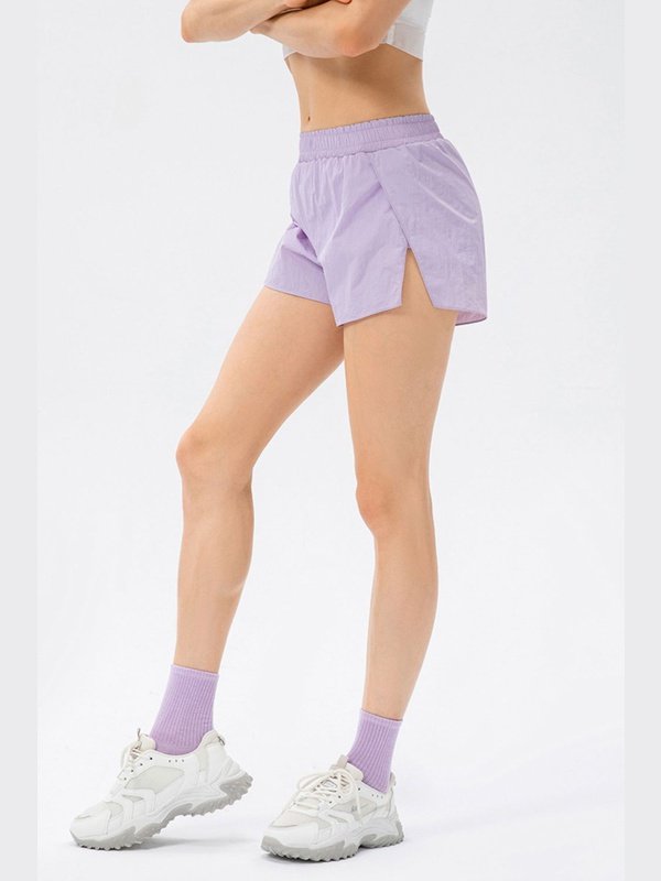 Elastic Waist Slit Faux Layered Sports Shorts Activewear LoveAdora