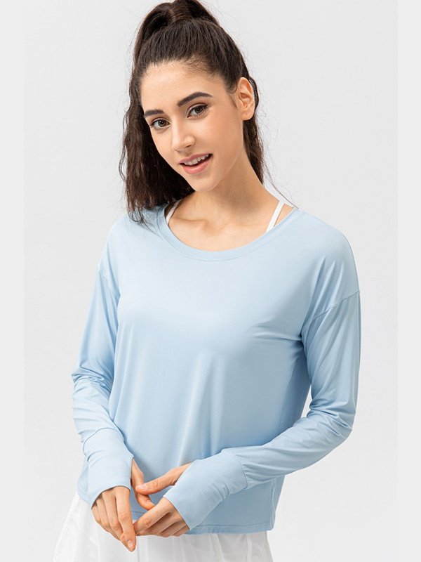 Breathable Round Neck Dropped Shoulder Top Activewear LoveAdora