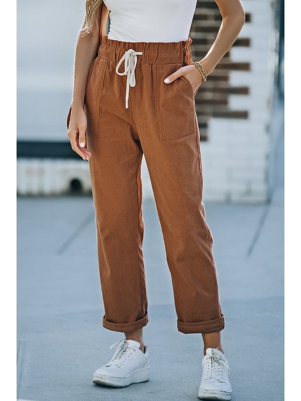 Drawstring Waist Corduroy Pants with Pockets Pants LoveAdora