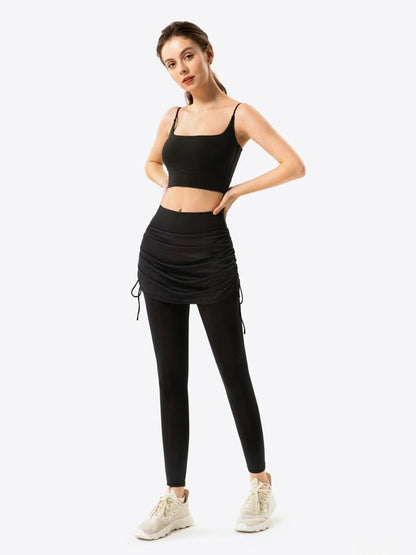 Drawstring Ruched Faux Layered Yoga Leggings Activewear LoveAdora