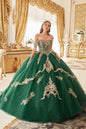 Layered Gold Lace Off Shoulder Open Back Long Quinceanera Dress CD15711-2