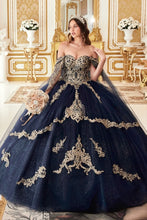 Load image into Gallery viewer, Layered Gold Lace Off Shoulder Open Back Long Quinceanera Dress CD15711-0