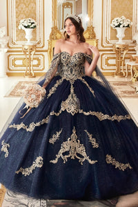 Layered Gold Lace Off Shoulder Open Back Long Quinceanera Dress CD15711-0