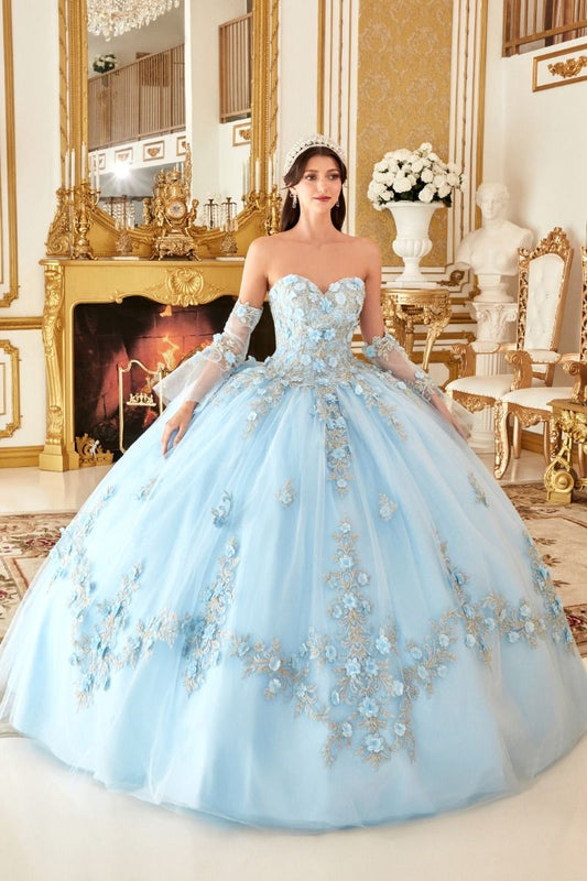 Layered Floral Applique Tulle Sweetheart Long Quinceanera Dress CD15714-1