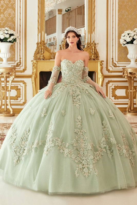 Layered Floral Applique Tulle Sweetheart Long Quinceanera Dress CD15714-0