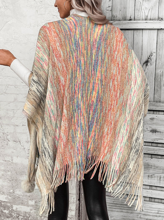 Open Front Poncho with Pom Poms Ponchos LoveAdora
