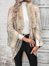 Load image into Gallery viewer, Sante Fe Pattern Ladies Poncho with Faux fur collar and fringe hem. Wide open sleeves 