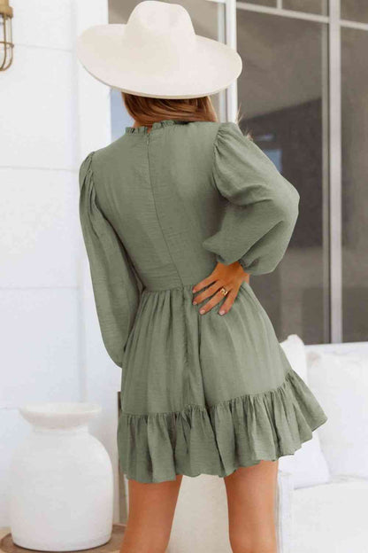 Smocked Balloon Sleeve Ruffle Hem Dress