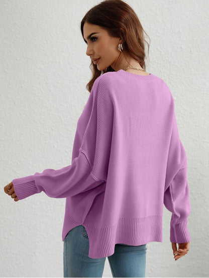 Exposed Seam Dropped Shoulder Slit Sweater Sweaters, Pullovers, Jumpers, Turtlenecks, Boleros, Shrugs LoveAdora