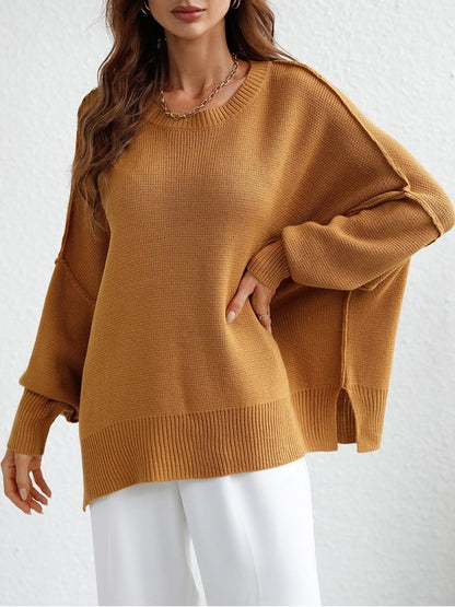 Exposed Seam Dropped Shoulder Slit Sweater Sweaters, Pullovers, Jumpers, Turtlenecks, Boleros, Shrugs LoveAdora