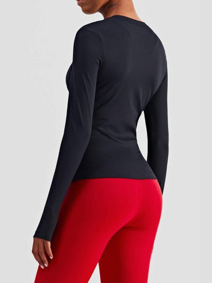 Round Neck Thumbhole Sleeve Sports Top Activewear LoveAdora