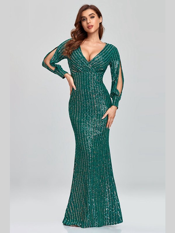 Sequin Puff Sleeve Plunge Fishtail Dress Evening Gown LoveAdora