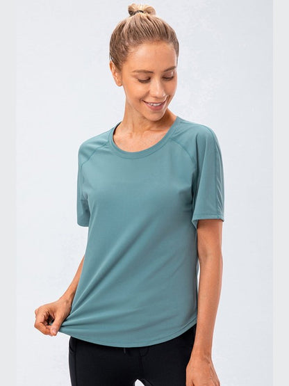 Curved Hem Raglan Sleeve Athletic T-Shirt Activewear LoveAdora