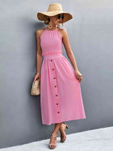 Load image into Gallery viewer, Buttoned Halter Neck Frill Trim Midi Dress