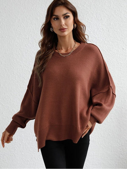 Exposed Seam Dropped Shoulder Slit Sweater Sweaters, Pullovers, Jumpers, Turtlenecks, Boleros, Shrugs LoveAdora