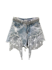 Shorts Tassel Beading High Waist Wide Leg Denim Shorts Jeans LoveAdora