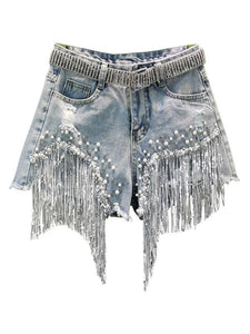 Shorts Tassel Beading High Waist Wide Leg Denim Shorts Jeans LoveAdora