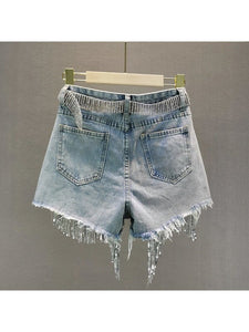 Shorts Tassel Beading High Waist Wide Leg Denim Shorts Jeans LoveAdora