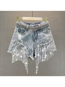 Shorts Tassel Beading High Waist Wide Leg Denim Shorts Jeans LoveAdora