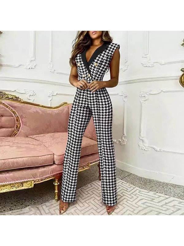 Elegant Button Rompers Houndstooth Print Casual Wide Leg Pants Jumpsuits & Rompers LoveAdora