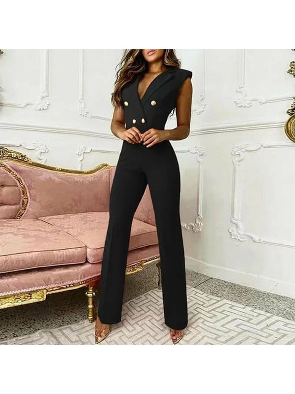 Elegant Button Rompers Houndstooth Print Casual Wide Leg Pants Jumpsuits & Rompers LoveAdora