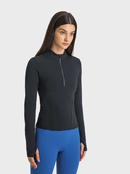 Half Zip Thumbhole Sleeve Sports Top Activewear LoveAdora