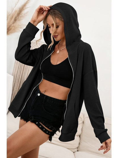 Zip Up Waffle Knit Hoodie Activewear LoveAdora