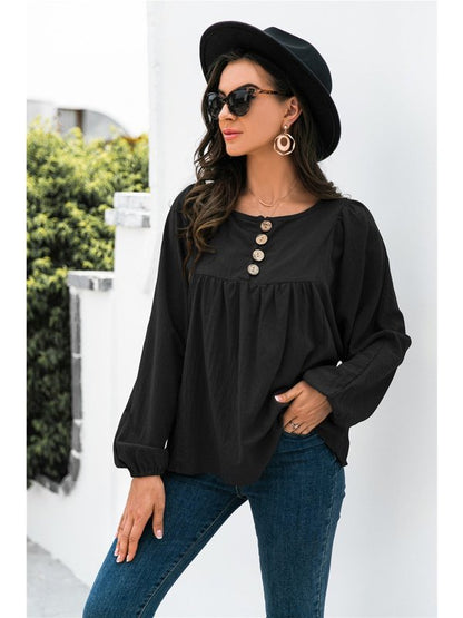 Button Up Balloon Sleeve Blouse Tops LoveAdora