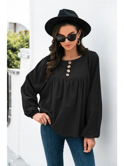 Button Up Balloon Sleeve Blouse Tops LoveAdora