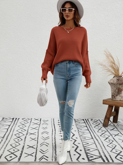 Exposed Seam Dropped Shoulder Slit Sweater Sweaters, Pullovers, Jumpers, Turtlenecks, Boleros, Shrugs LoveAdora