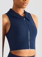 Zip Up Collared Cropped Sports Top Activewear LoveAdora