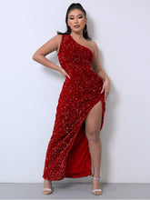 Load image into Gallery viewer, Sequin One Shoulder Split Maxi Dress Evening Gown LoveAdora