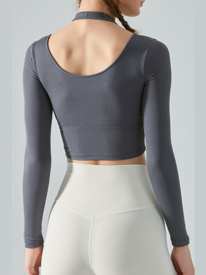 Halter Neck Long Sleeve Cropped Sports Top Activewear LoveAdora