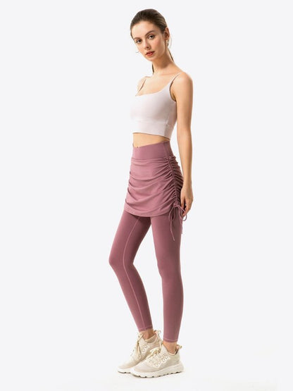 Drawstring Ruched Faux Layered Yoga Leggings Activewear LoveAdora