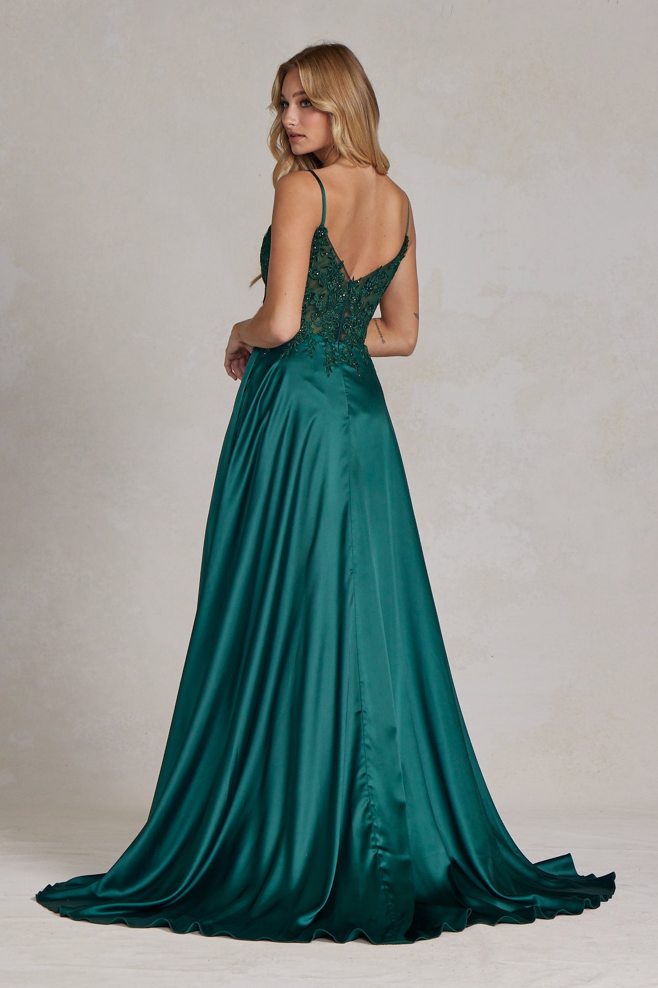 Embroidered Lace Bodice Open V-Back Satin Skirt Long Prom Dress NXK1121-2