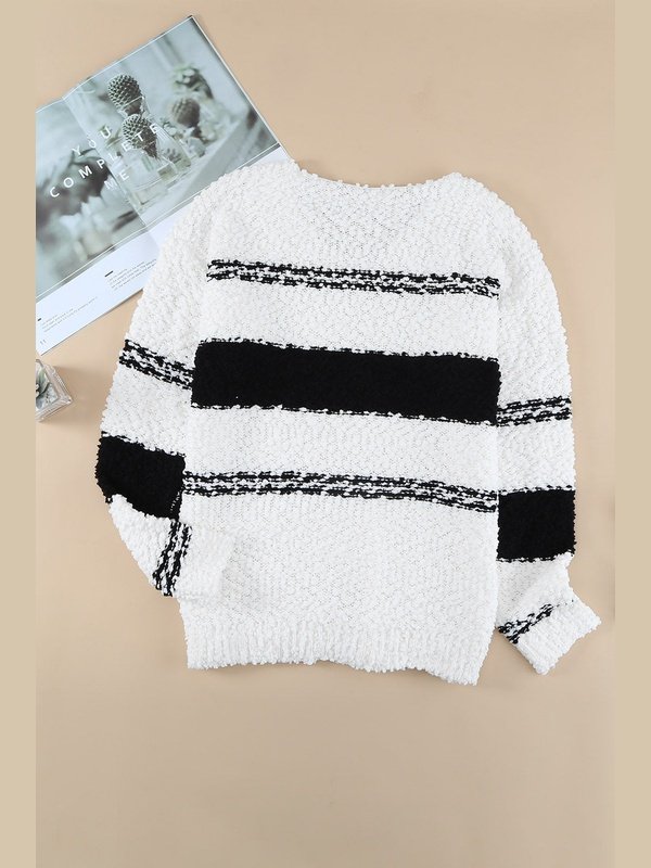 Striped V-Neck Popcorn Knit Sweater Sweaters, Pullovers, Jumpers, Turtlenecks, Boleros, Shrugs LoveAdora