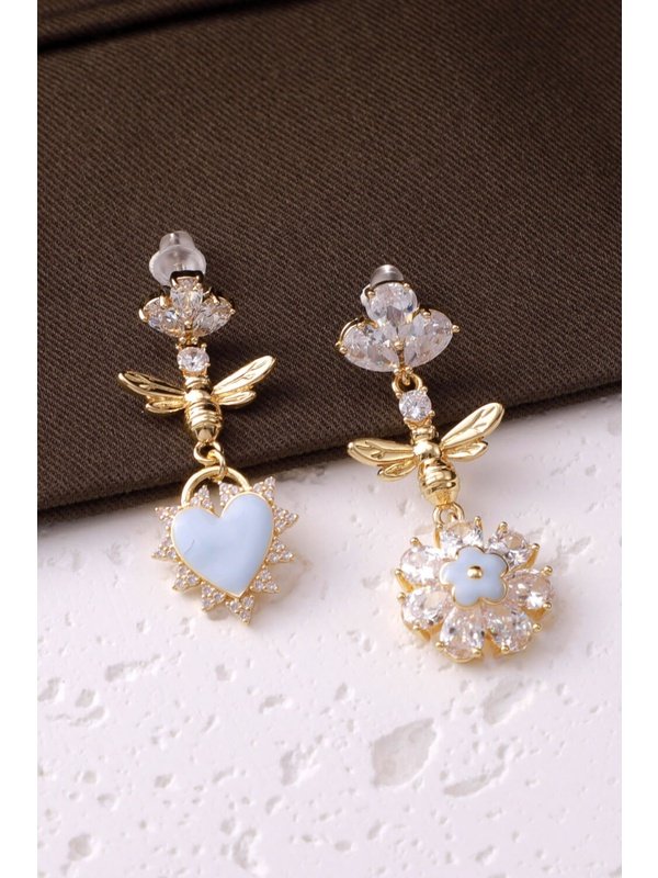 Floral and Heart Cubic Zirconia Mismatched Earrings Earrings LoveAdora