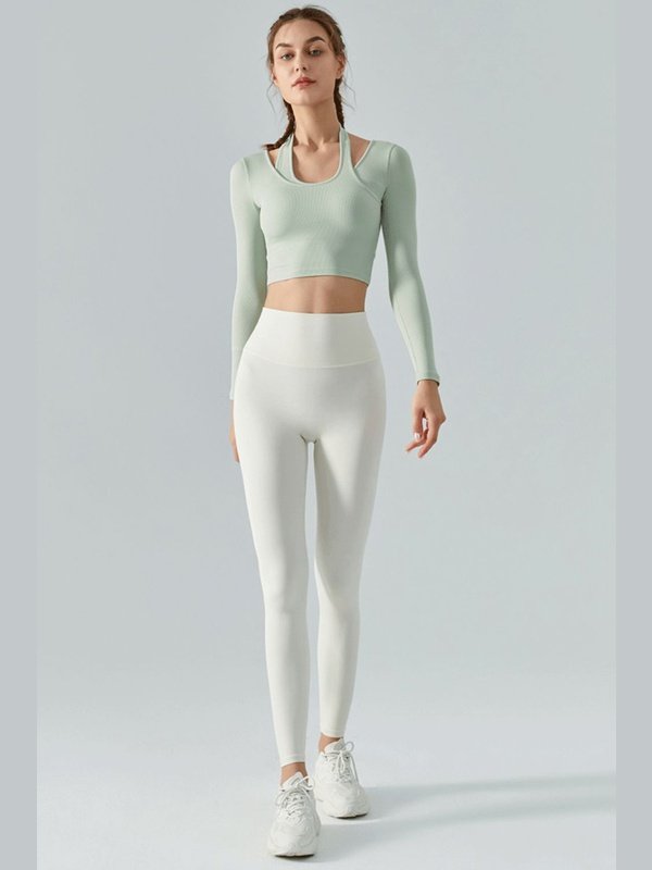 Halter Neck Long Sleeve Cropped Sports Top Activewear LoveAdora
