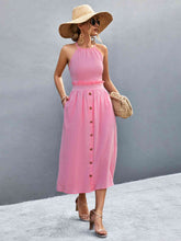 Load image into Gallery viewer, Buttoned Halter Neck Frill Trim Midi Dress