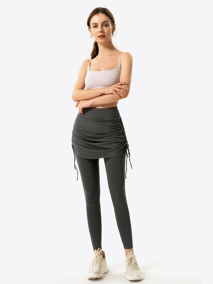 Drawstring Ruched Faux Layered Yoga Leggings Activewear LoveAdora