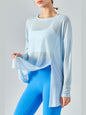 Round Neck Slit Sheer Tunic Sports Top Activewear LoveAdora