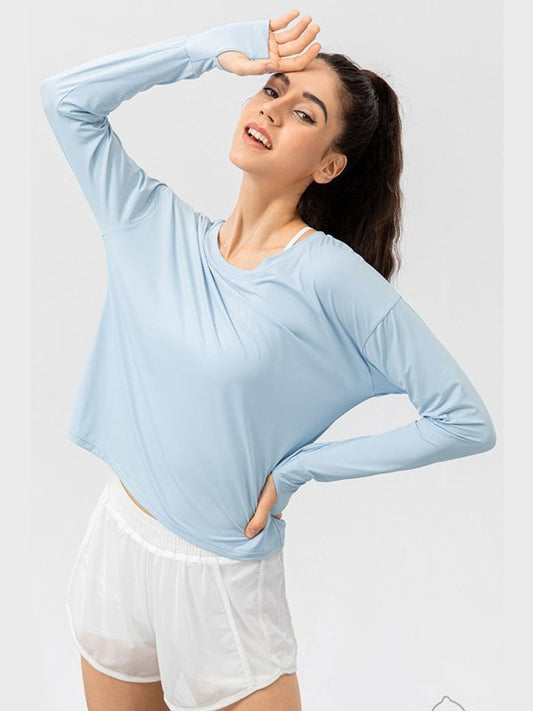 Breathable Round Neck Dropped Shoulder Top Activewear LoveAdora