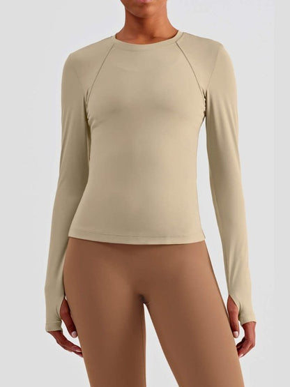 Round Neck Thumbhole Sleeve Sports Top Activewear LoveAdora