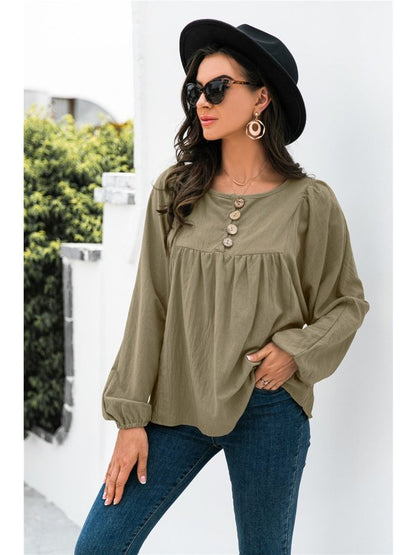 Button Up Balloon Sleeve Blouse Tops LoveAdora