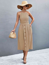 Load image into Gallery viewer, Buttoned Halter Neck Frill Trim Midi Dress