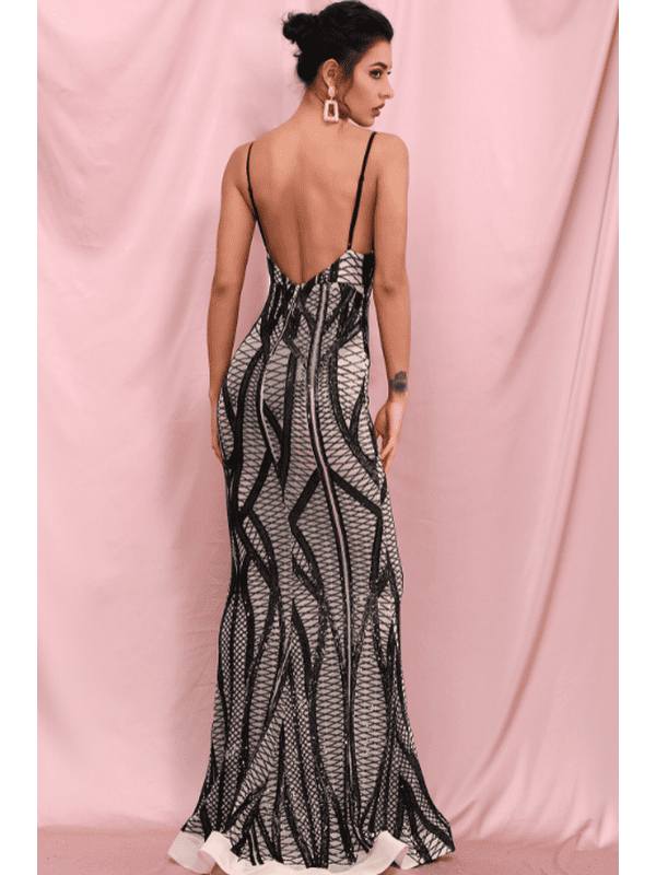 Printed Plunge Spaghetti Strap Backless Dress Evening Gown LoveAdora