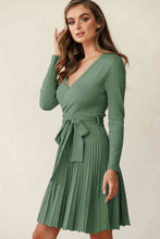 Load image into Gallery viewer, Surplice Neck Tie Waist Pleated Dress