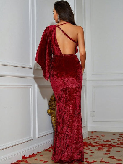 Crushed Velvet Bell Sleeve Split Dress Evening Gown LoveAdora